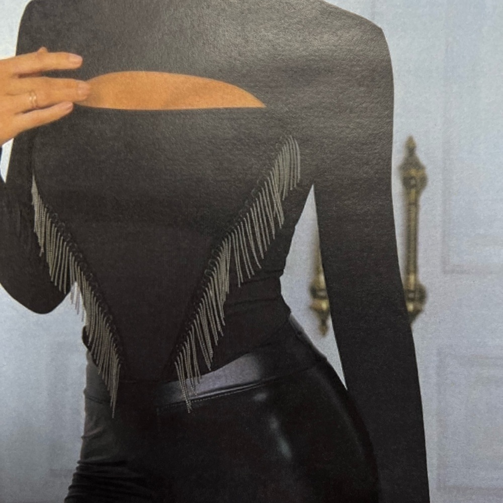 Fringe details long sleeve black top